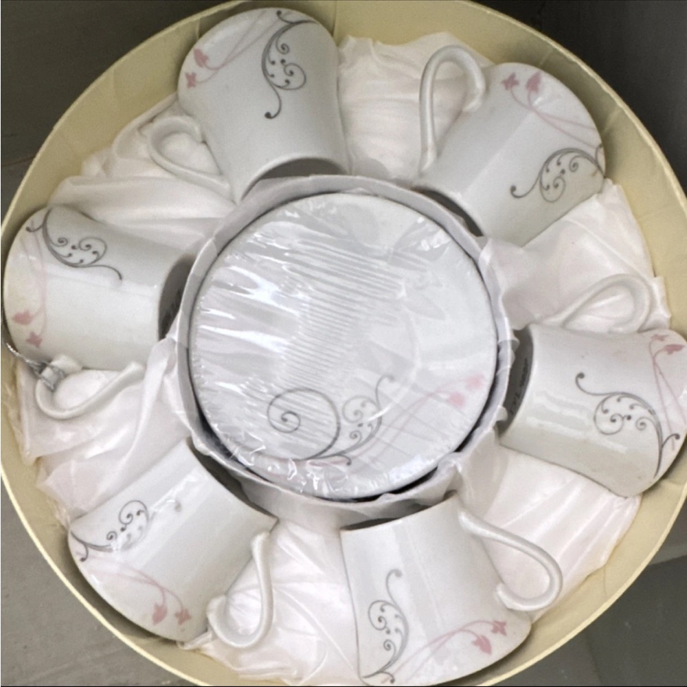 White Porcelain Teacup Set with Pink & Gray Scroll Detail